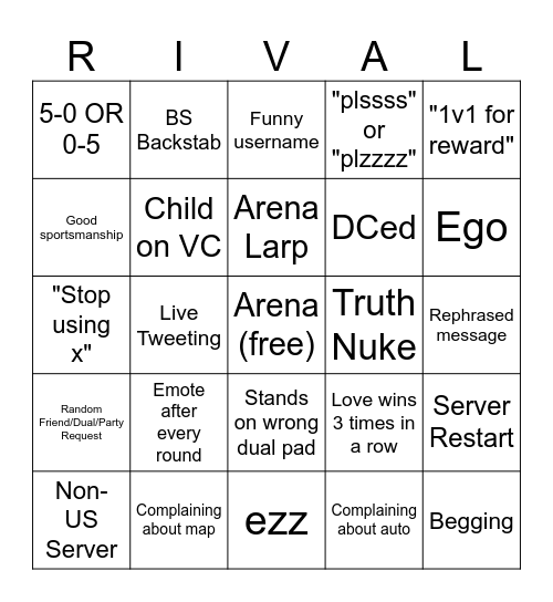 Roblox Rivals Bingo Card