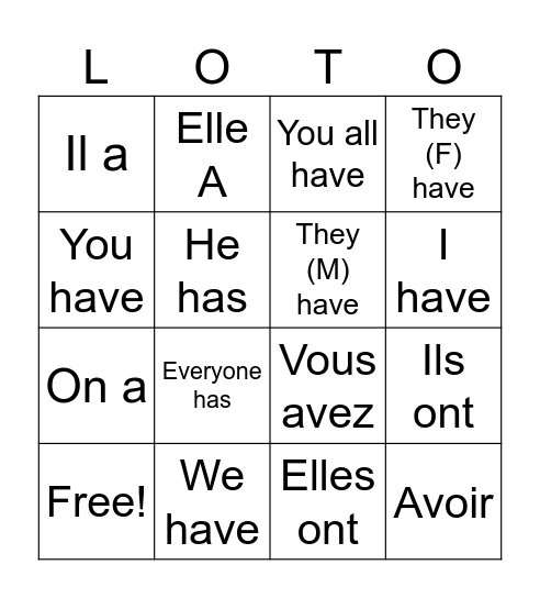 Avoir LOTO! Bingo Card