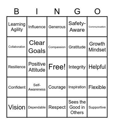 Leadership Qualities Bingo Card