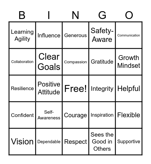 Leadership Qualities Bingo Card