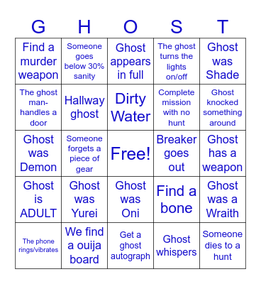 Phasmophobia bingo board Bingo Card
