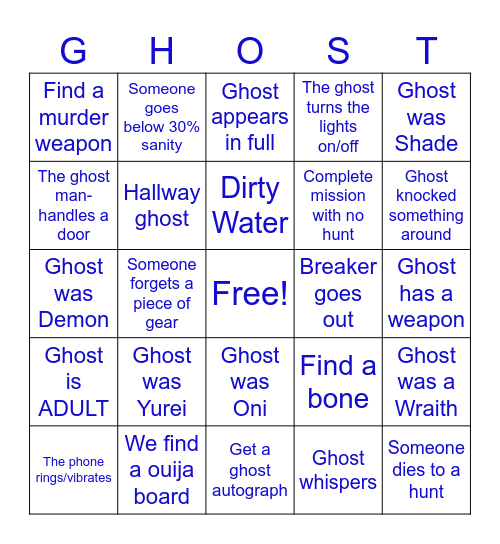 Phasmophobia bingo board Bingo Card