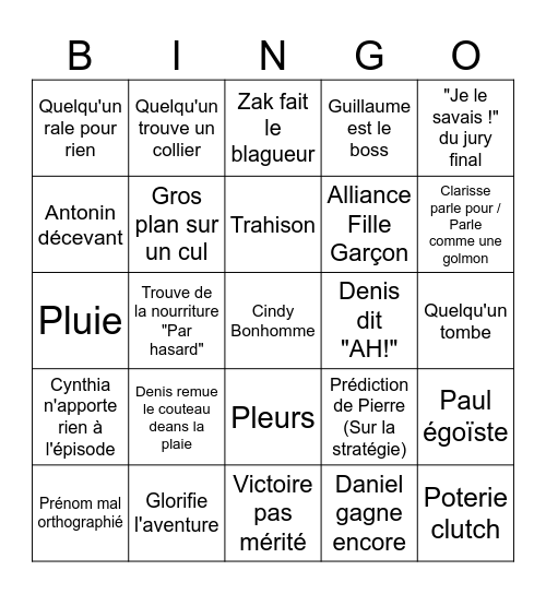Koh Lanta Bingo Card