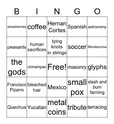 Maya, Aztec, and Inca Bingo Card