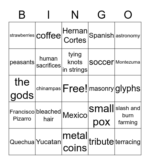 Maya, Aztec, and Inca Bingo Card