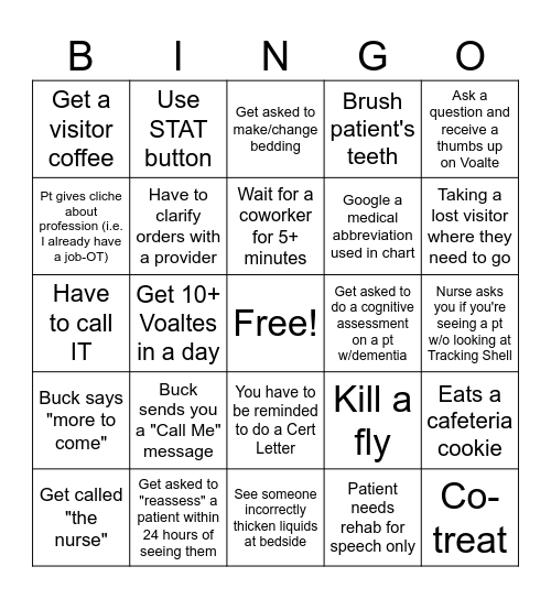 Hospital Bingo Card