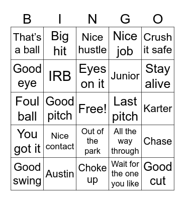 Baseball Bingo Card