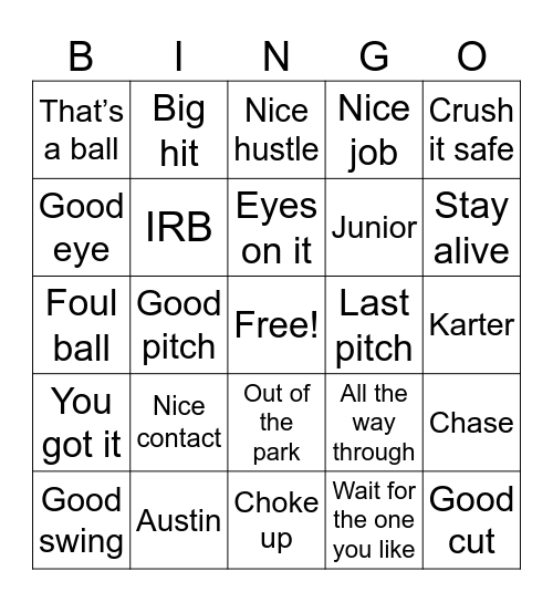 Baseball Bingo Card
