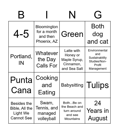 Let's Get to Know Zion! Bingo Card