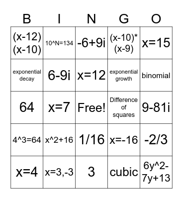 Math+ Algebra 2 Final Review Bingo Card