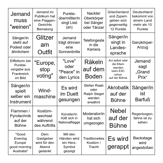 ESC 2026 Bingo Card