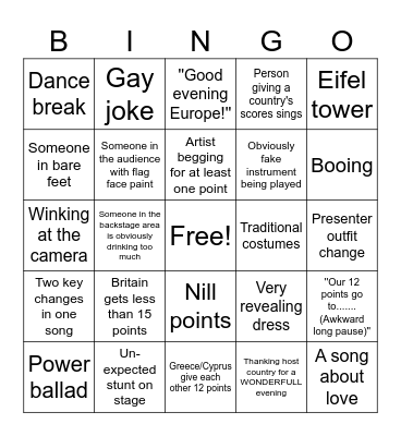 Eurovision Bingo Card