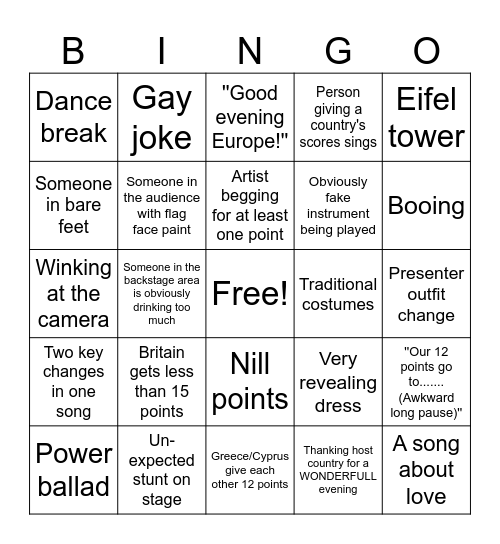 Eurovision Bingo Card