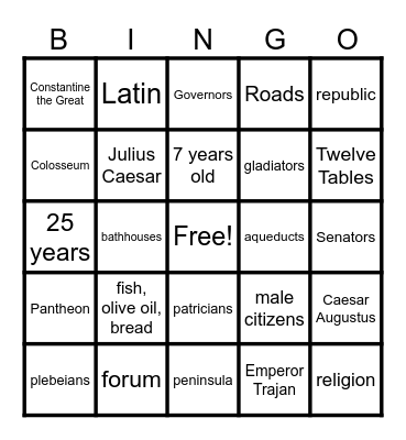 Ancient Rome Bingo Card