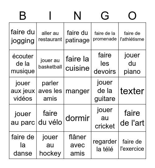 les activités Bingo Card
