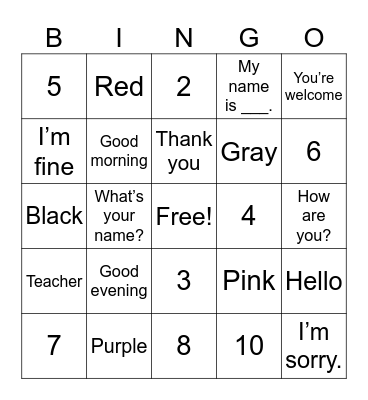 Japanese Vocabulary Bingo Card