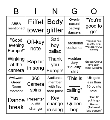 Eurovision Bingo Card