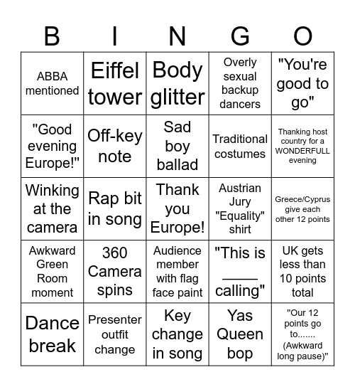 Eurovision Bingo Card