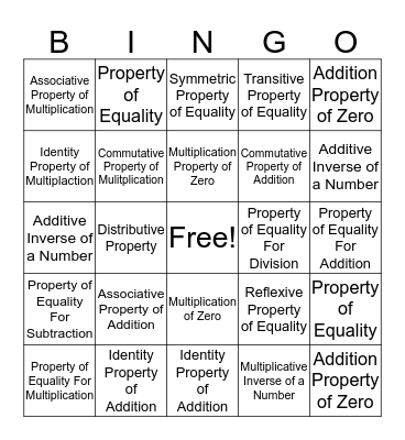 Properties of Mathematics Bingo Card