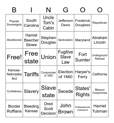 Causes of the Civil War BINGO Card