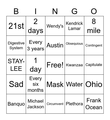 Vocabulary Stuff Bingo Card