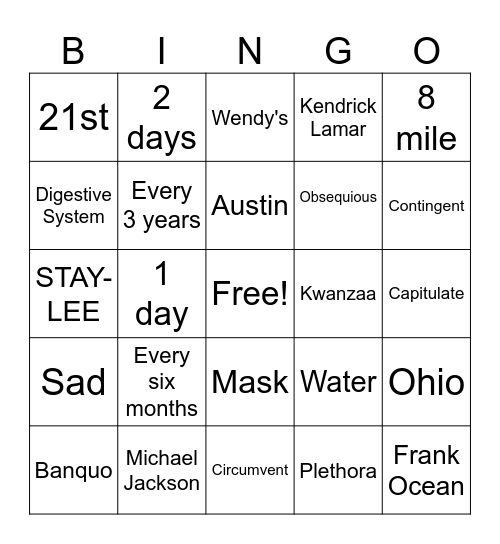 Vocabulary Stuff Bingo Card
