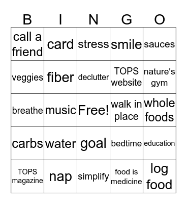 Healthy Choices Bingo Card