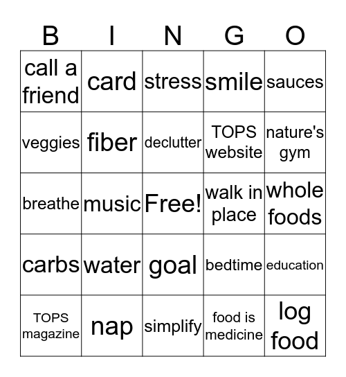 Healthy Choices Bingo Card