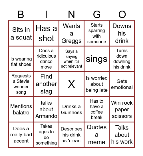 Aarons Stag Bingo Card