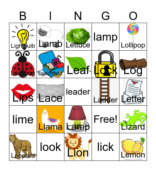 Letter L Bingo Card
