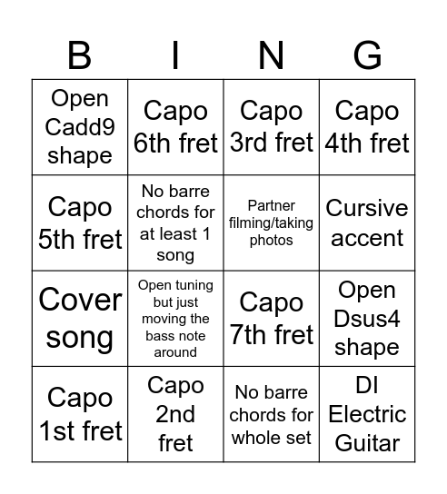 Open Mic Bingo Card