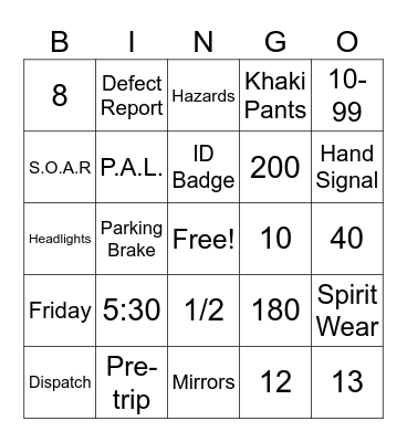Transportation Bingo Card