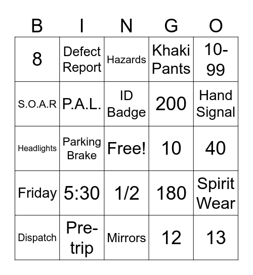 Transportation Bingo Card