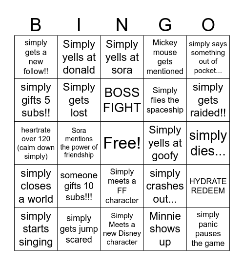 Kingdom Hearts Bingo Card