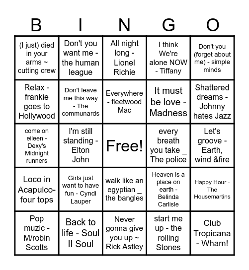 Music Bingo 80's Bingo Card