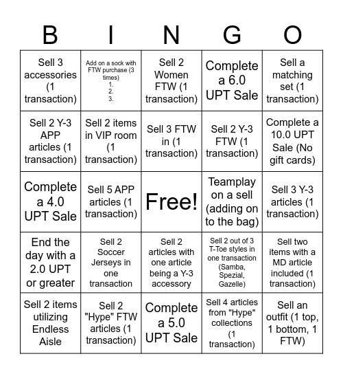UPT Bingo Card
