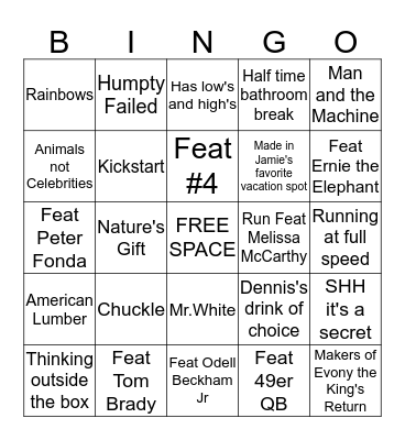 Super Bowl Commericals Bingo Card