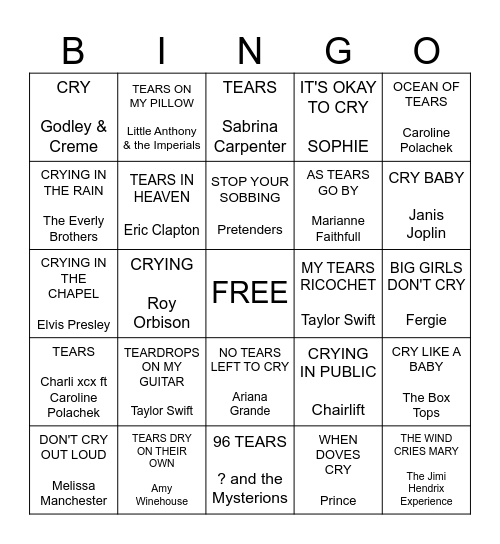 Cry Baby Bingo Card
