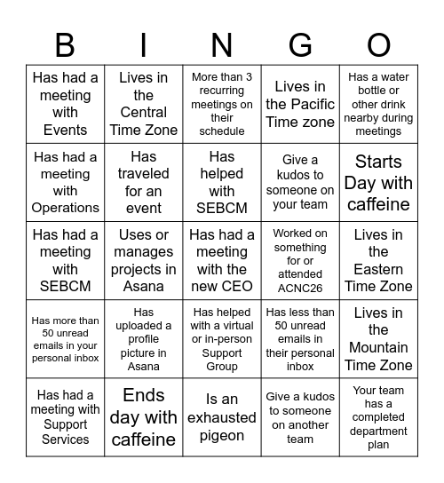 Amputee Coalition All-Staff Meeting Bingo Card
