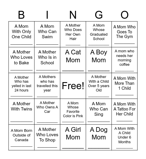 Mothers Day Scavenger Bingo Card