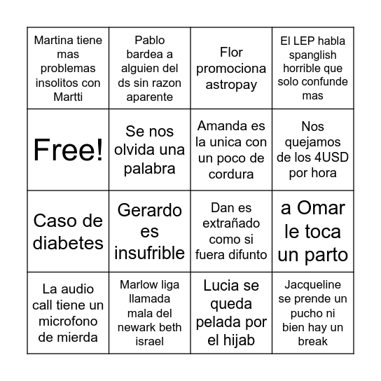 DIA PROMEDIO DE LABURO Bingo Card