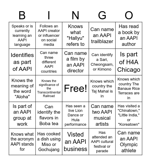 H4A Chicago AAPI Month Bingo Card
