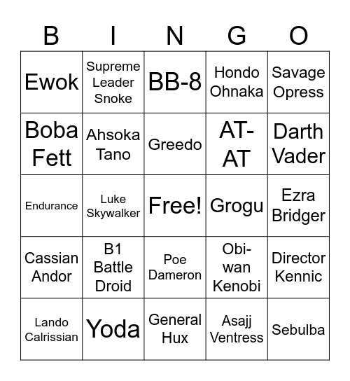Star Wars Bingo Card