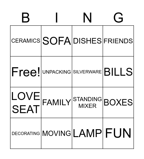 Housewarming BINGO Card