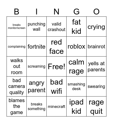kids gaming rage Bingo Card