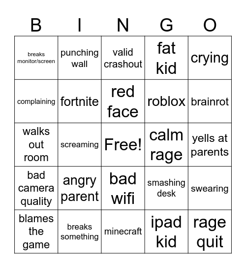 kids gaming rage Bingo Card