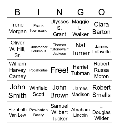 Virginia Studies Key People Bingo Card