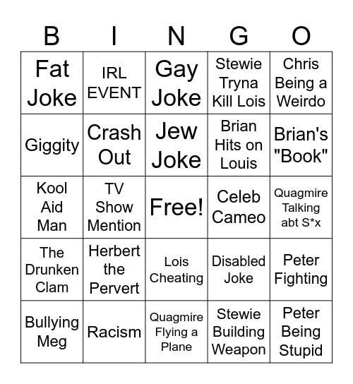 Offensive Family Guy Bingo #2 Bingo Card
