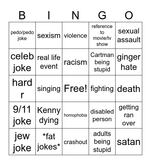 south Park bingo Card