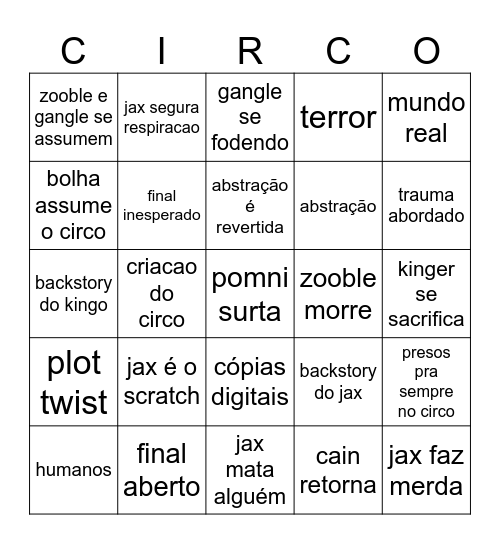 Digital Circus Filme Bingo Card